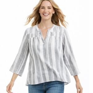 Splendid Women's V-Neck Stripe Peasant 3/4 Sleeve Linen Blend White Blue New